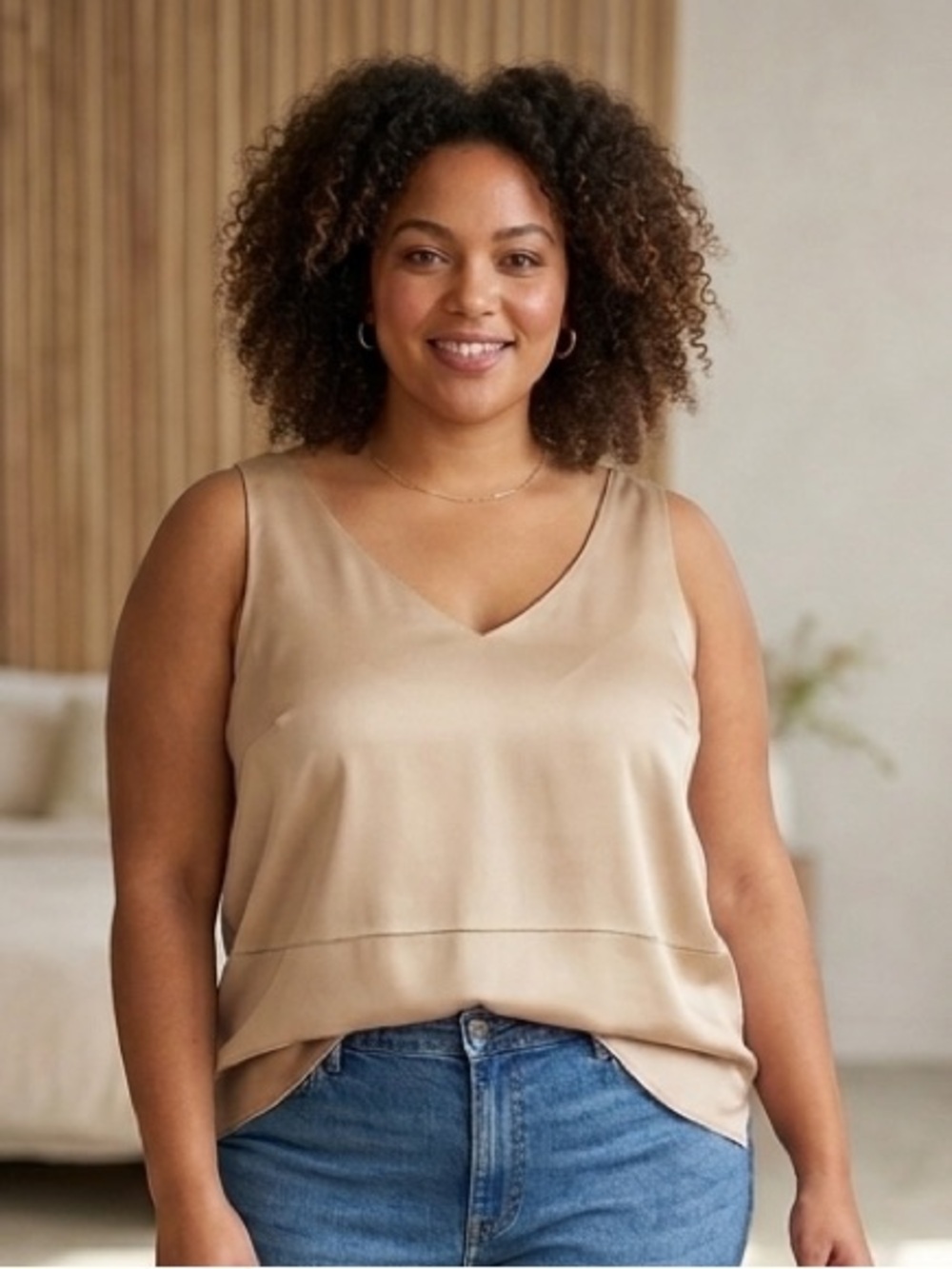 NWT Ekouaer Satin V-Neck Camisole Tank Top Light Pink / Champagne 3XL